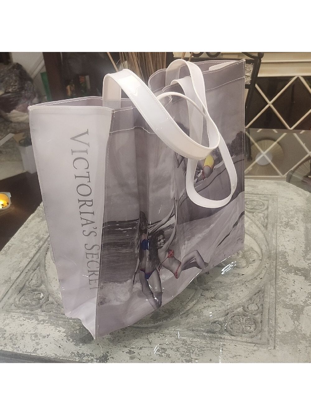 Victoria's Secret Grey Vinyl Supermodels Beach Life Swimsuit Tote Bag